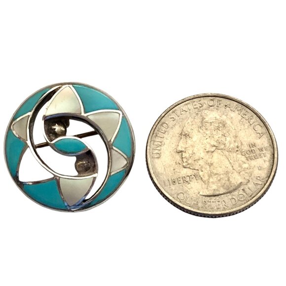 Vintage Brooch OR Pendant inlaid Turquoise MOP Southwesern Round Circle - Picture 5 of 7